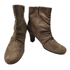 Aerosoles Good Role taupe fabric booties featuring a ruched design.